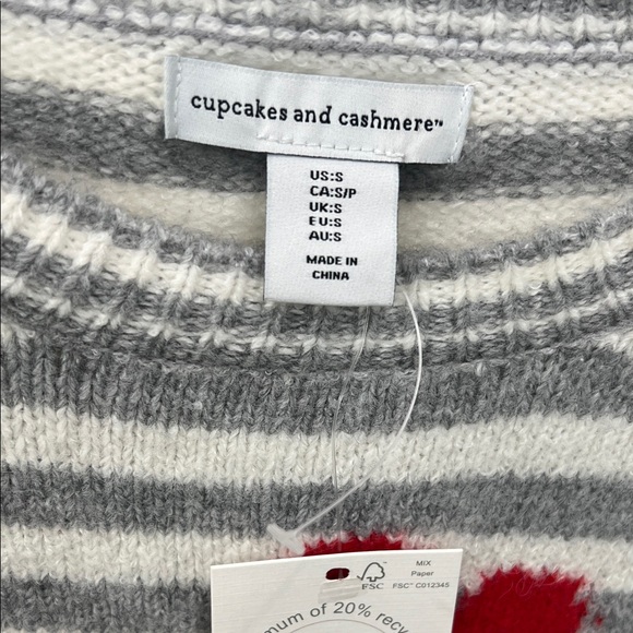 NWT. cupcakes & cashmere Gray and White Striped Sweater with Red Heart Accents - Picture 2 of 4